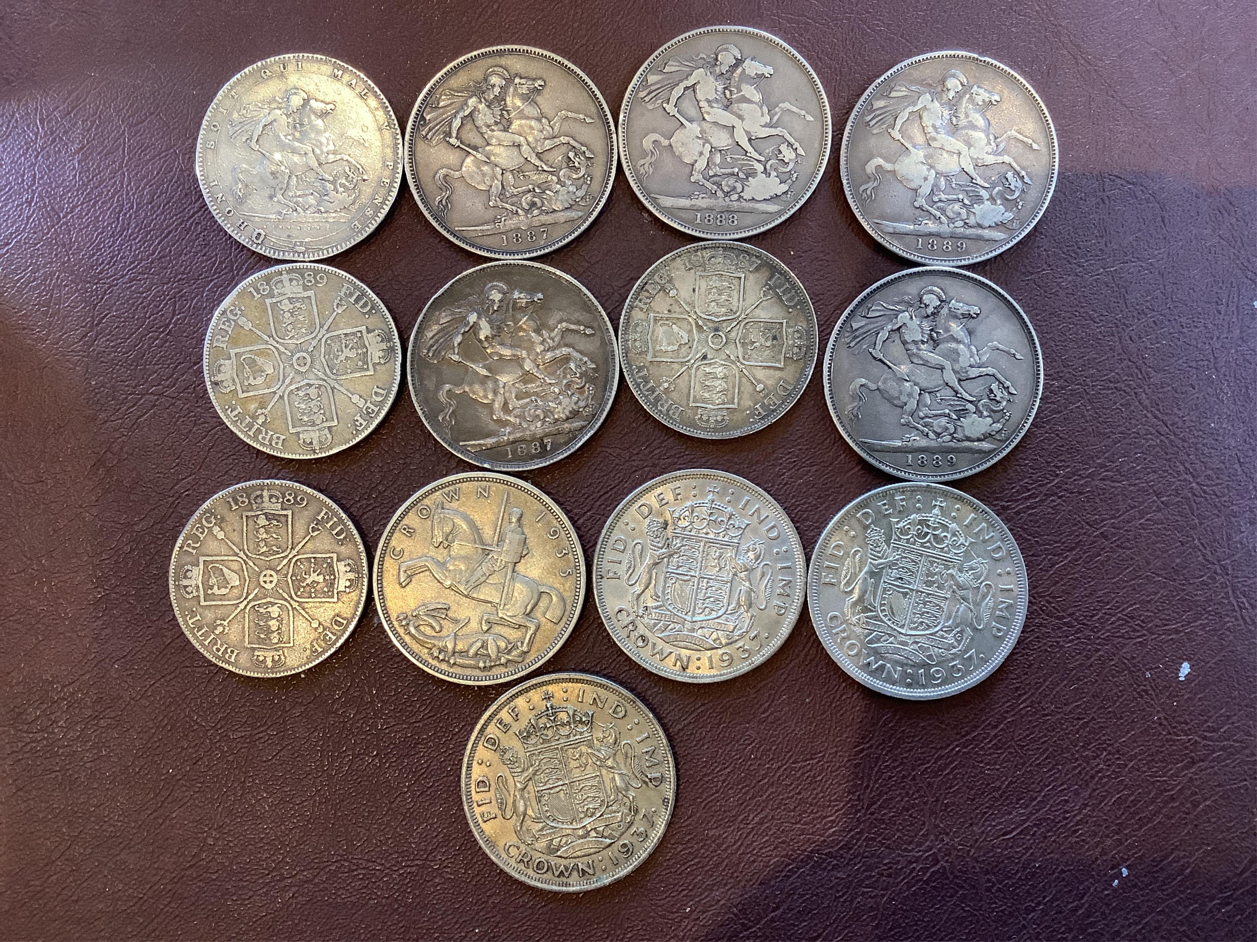 British coins, George III to George VI, collection of crowns, George III crown, 1820, Victoria, five crowns, two 1887, 1888 and two 1889, three double florins, 1887 and two 1889, George V, crown, 1935 and, George VI, thr